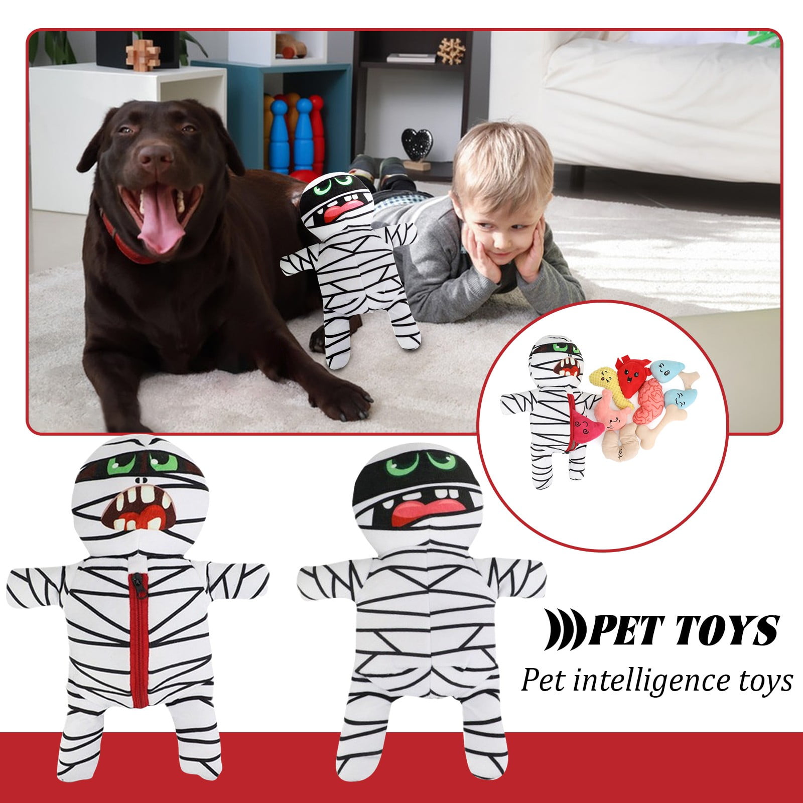 Squeaky Plush Dog Toys Set for Small Medium Dogs，9-in-1 Mummy with 8 Organ-Shaped Squeaking Playthings，Interactive Puppy Chew Toys for Teething and Anxiety Relief，Colour