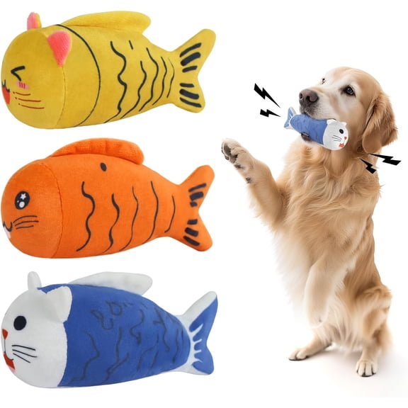 Squeaky for Small Dogs & Puppy - 3 Fish Crinkle Squeak Pet for Interactive Play, Boredom & Cleaning