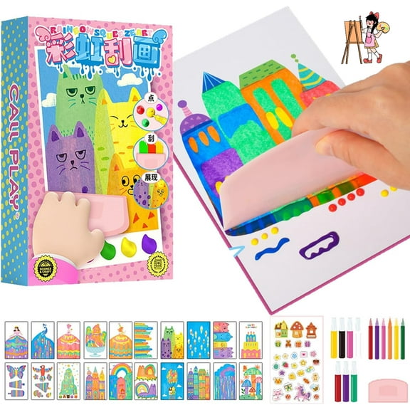 Squeegee Art Kids Paint Kit, 35 Pieces DIY Rainbow Scratch Art, Rainbow Dot Painting Art Kits, Children Painting Crafts Creativity Set (1 Set)