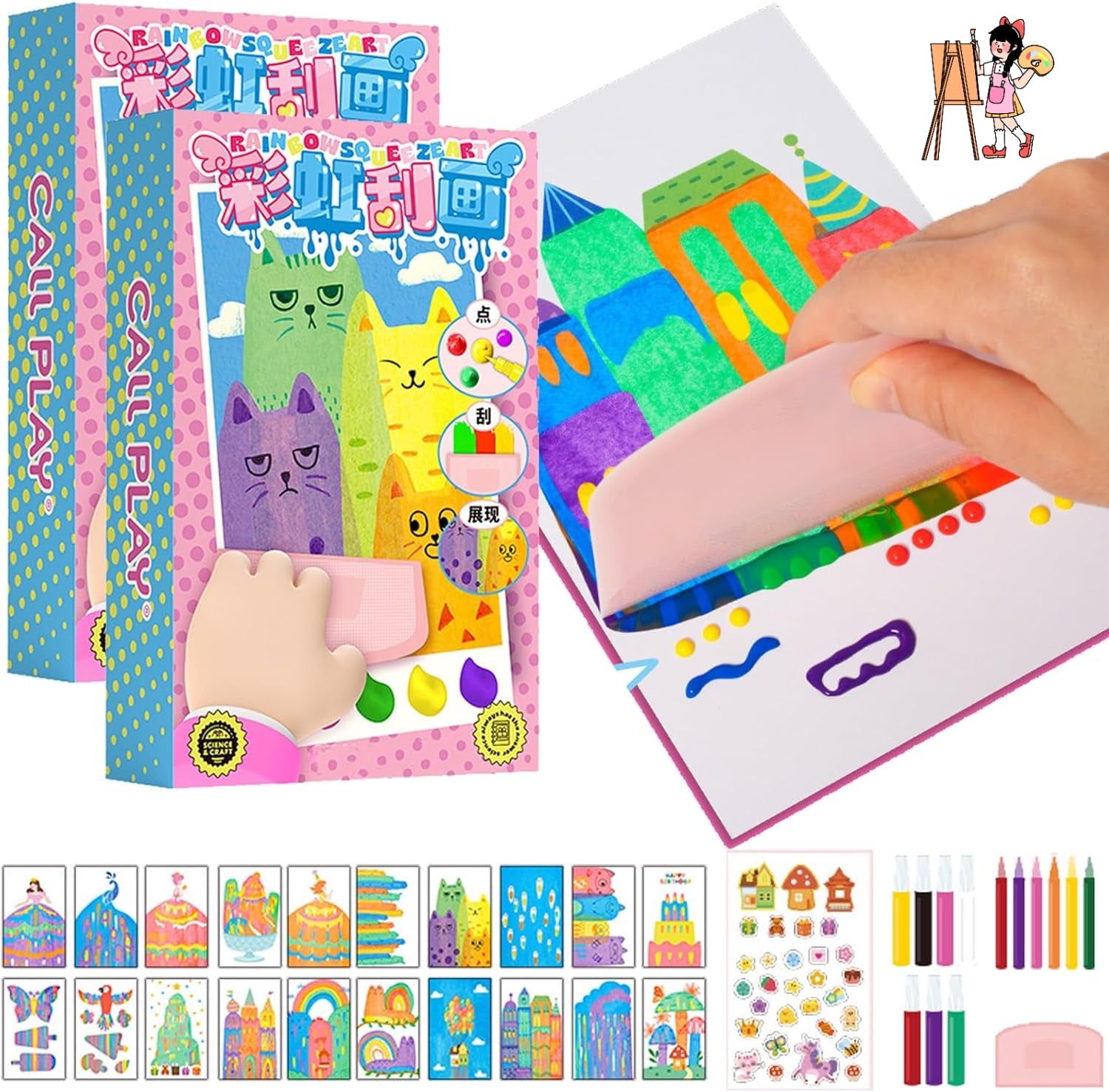 Squeegee Art Kids Paint Kit, 35 Pieces DIY Rainbow Scratch Art, Rainbow Dot Painting Art Kits, Children Painting Crafts Creativity Set (2 Set)