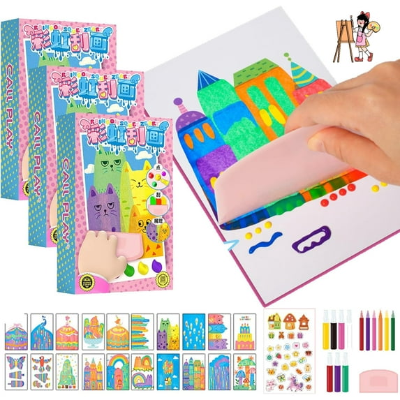 Squeegee Art Kids Paint Kit, 35 Pieces DIY Rainbow Scratch Art, Rainbow Dot Painting Art Kits, Children Painting Crafts Creativity Set (3 Set)