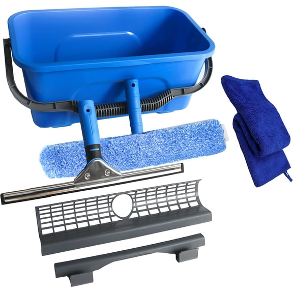 Squeegee with Shelf Storage for Window Cleaning,Window Cleaning Squeegee kit with Bucket&Microfiber Scrubber,Bathroom,Shower Doors,Mirrors,Tiles,and Car Windows Blue