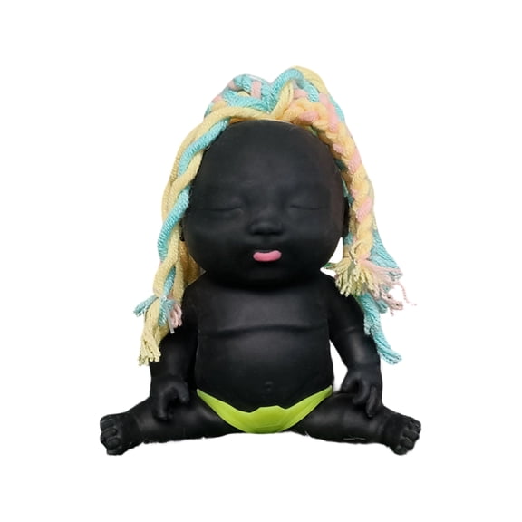 Squeezable and Bouncy Cute Long-Haired Doll for Adult Relaxation, Soft Rubber Slow Rising Mini Stress Fidget, Playful Sensory Interactive Desk Decor for Office, Black
