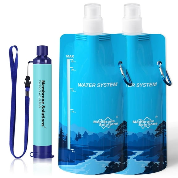 Squeezable Water Filtration System, Survival Water Purifier Kit, Portable Backpacking Gear Including Water Filter Straw and 23oz Collapsible Bottle for Hiking Camping Travel(1+2)
