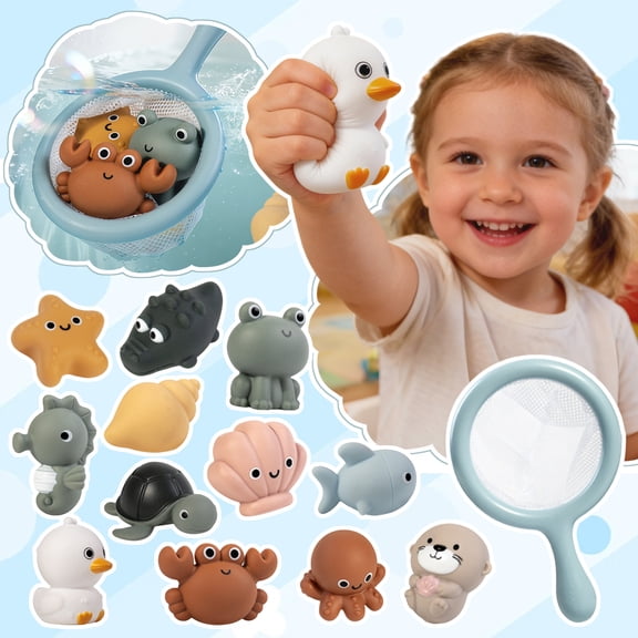 Squeeze Animal Squirt Toy And Shark Fishing Net Kids Bathroom Set, Toddlers Shower Time Distraction Interactive Water Table Play Routine, Non Toxic BPA Free Smooth Floating Sensory Games For Babies