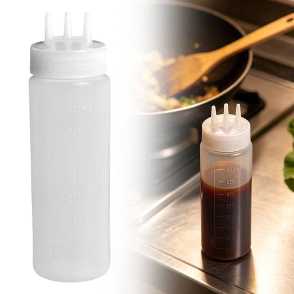 Squeeze Bottle, Triple-Nozzle Squeeze Bottle for Condiments, 3-Hole Drizzle Dispenser for Ketchup Syrup, Measured Food-Grade Plastic Leak-Proof, White