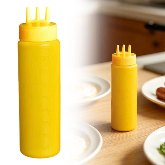 Squeeze Bottle, Triple-Nozzle Squeeze Bottle for Condiments, 3-Hole Drizzle Dispenser for Ketchup Syrup, Measured Food-Grade Plastic Leak-Proof, Yellow