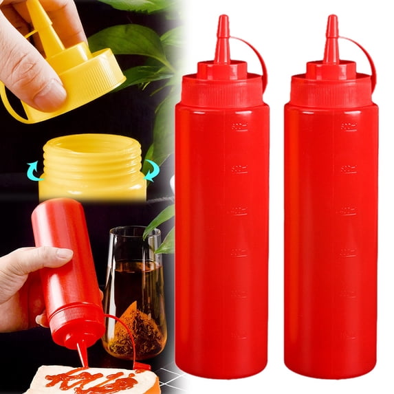Squeeze Bottles for Sauces 2 Pack, Ketchup Bottle 12 Ounce Plastic Dressing Squirt Bottle with Cap Lids and Funnel, Condiment Bottles for Liquids BBQ Dressing Pancake Art Dispenser