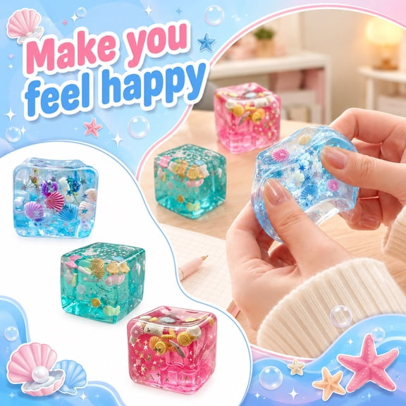 Squeeze Cubes Sensory Toys, Squeeze Toys, Squeeze Toys Adults Relaxation, Squeeze Relaxation Cubes, 2 Pack 2X2X2 Inch Transparent Ocean Shell Decor Soft Squeeze Blocks for Daily
