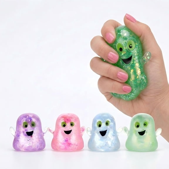 Squeeze Halloween Glitter Ghost Squishy Toys - 3.1" Slow Rebound Fidget Stress Ball, Perfect for Party Favor & Gag Gift, Green, Age 3+