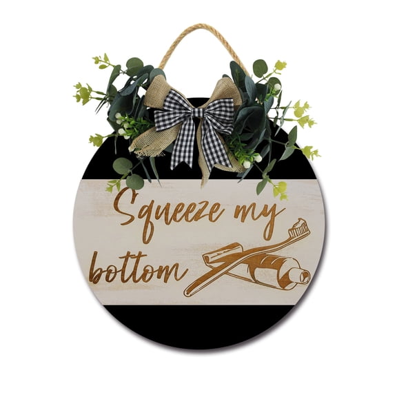 Squeeze My Bottom Sign Farmhouse Wood Sign Front Porch Decor Rustic Wooden Sign Wall Decor Hanging Wooden Decorations with Bow-Knot for Home Porch Wall Door, 11 x 11 inch