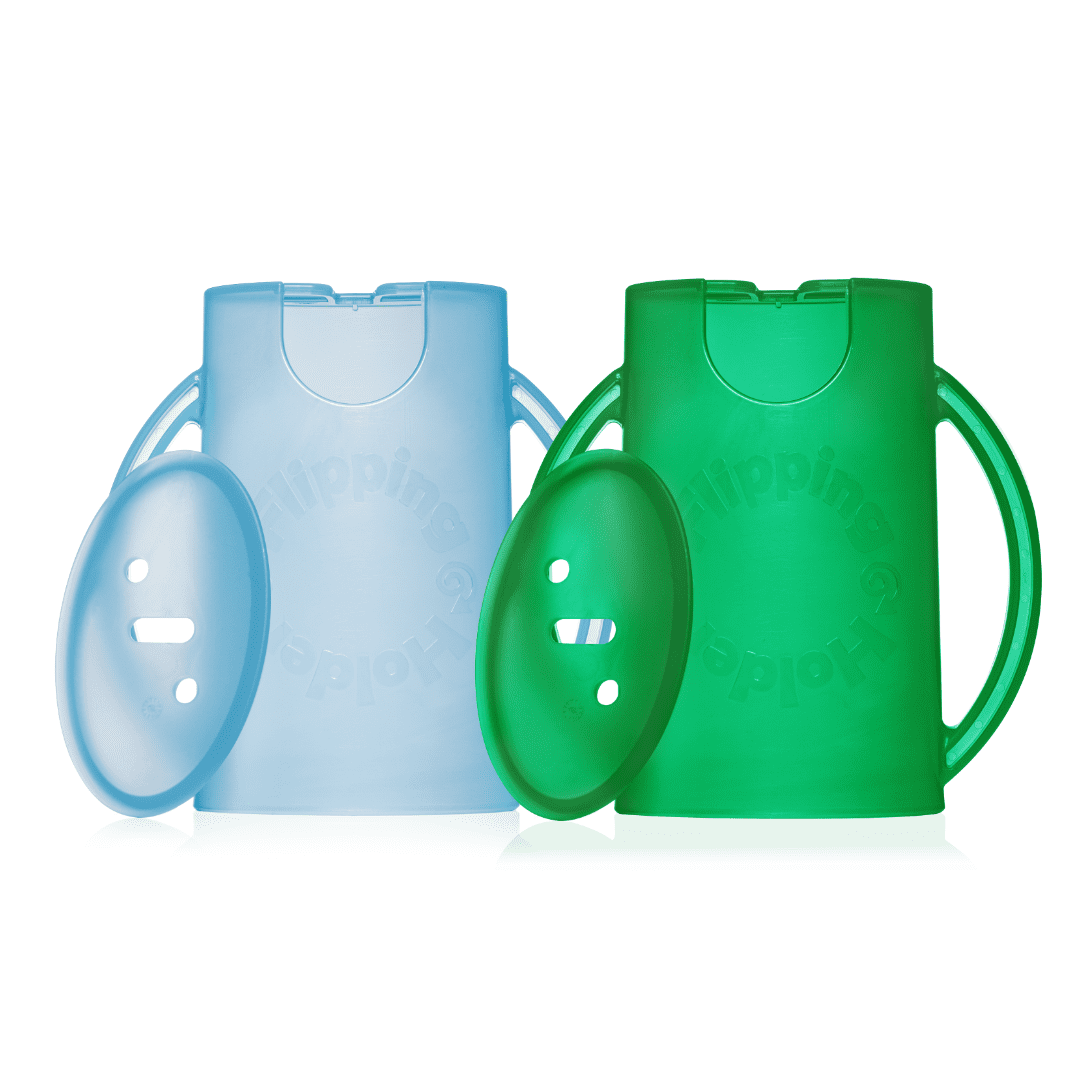 Squeeze Proof Flipping Holder DELUXE with lid 2-Pack for Food Pouches & Juice Boxes (Blue & Green) - Multipurpose Design with Cover - Prevent Messes & Support Self-Feeding - Handles