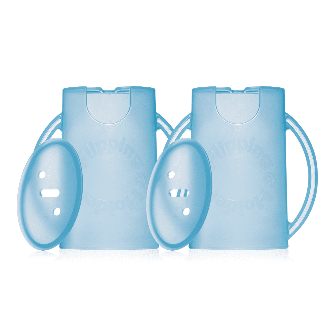 Squeeze Proof Flipping Holder DELUXE with lid 2-Pack for Food Pouches & Juice Boxes (Blue x 2) - Multipurpose Design with Cover - Prevent Messes & Support Self-Feeding - Handles