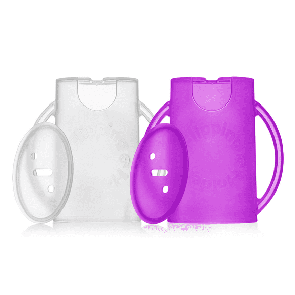 Squeeze Proof Flipping Holder DELUXE with lid 2-Pack for Food Pouches & Juice Boxes (Purple & White) - Multipurpose Design with Cover - Prevent Messes & Support Self-Feeding - Handles