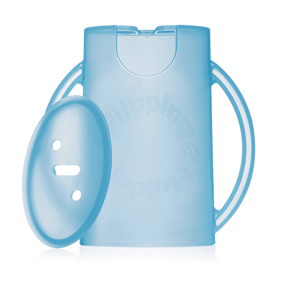 Squeeze Proof Flipping Holder DELUXE with lid for Food Pouches & Juice Boxes (Blue) - Multipurpose Design with Cover - Prevent Messes & Support Self-Feeding - Handles for Easy Grasping