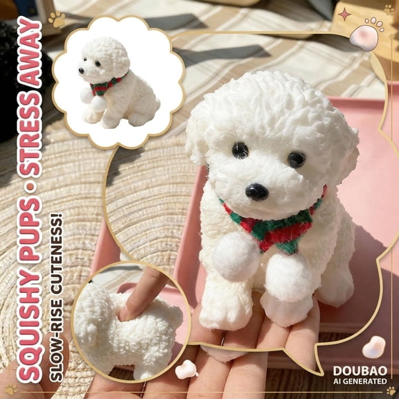 Squeeze Relaxation, 5 Inch Plush Textured White Dog Squeeze Figurine, Poodle Figurine Decor Cute Animal Ornament, Christmas Gift Stocking Stuffer Squeeze, Fun Squeeze Movement to
