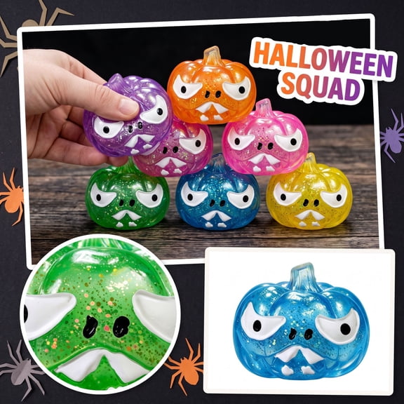 Squeeze Relaxation Toys, Halloween Toys, Relaxation Relief, Sensory Toys, Angry Face Glitter Orange Short Pumpkin, 3X2 in Portable Toys for Student Halloween Trick Or Treat Gift