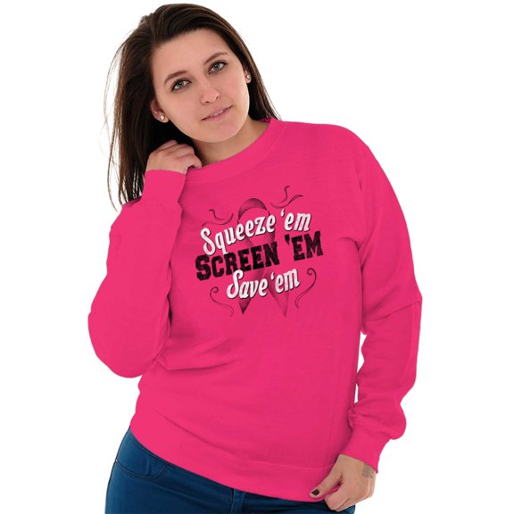 Squeeze Screen Save 'Em Breast Cancer Women Plus Size Crewneck Sweatshirt Brisco Brands 2X