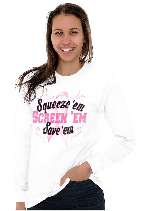 Squeeze Screen Save 'Em Breast Cancer Women's Long Sleeve T Shirt Brisco Brands S