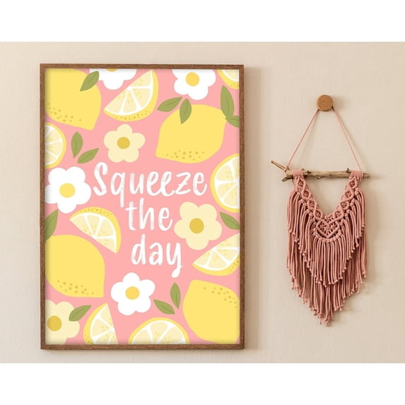 Squeeze The Day Bright Colorful Lemon Wall Art Fruity Kitchen Gallery Poster, Poster Only
