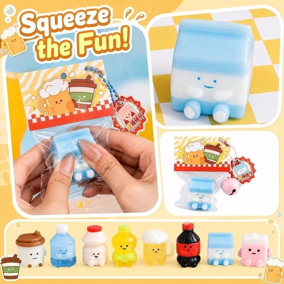 Squeeze Toys, Squeeze Toys, Squeeze Toys, Small Squeeze Toys, Squeeze, 1.5X1.5 Inch 8 Style Random Mini Simulated Drink Bottle Squeeze Relaxation Toys with Hanging Bell for