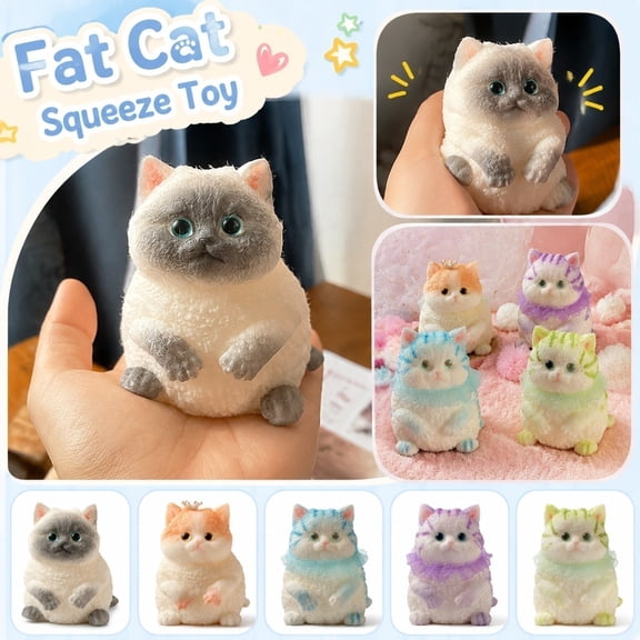 Squeeze Toys, Stress Ball Squeeze, Squeeze Balls for Relaxation, Squeeze, 1Pc 9Cm Adorable Purple Fat Kitty Squeezer, 3.5X2.5X2 Inch Textured Surface with Ruffled Purple Collar