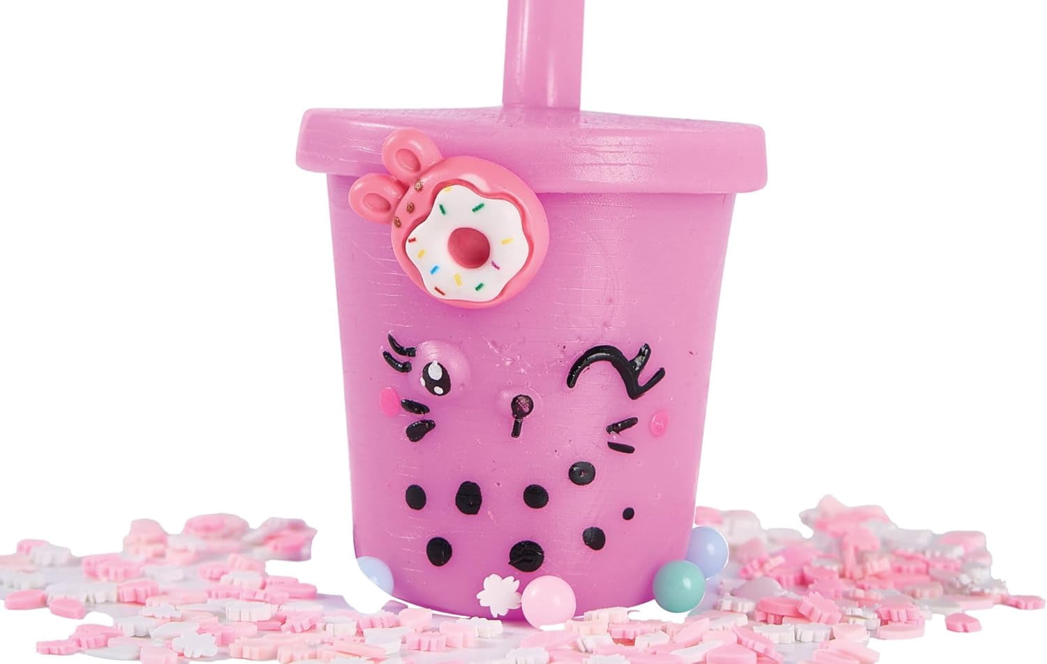 Squeezy Bubble Tea Cup Series 3 Bella Bobba, Pink Decorative Toy with Donut Charm, 1 Pieces