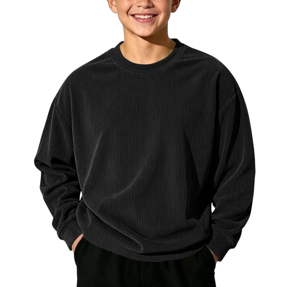Squevariel Boys and Girls Long Sleeves Sweatshirt Corduroy Solid Color Round Neck Sweatshirts Casual Loose Pullover Top for 1-14Y