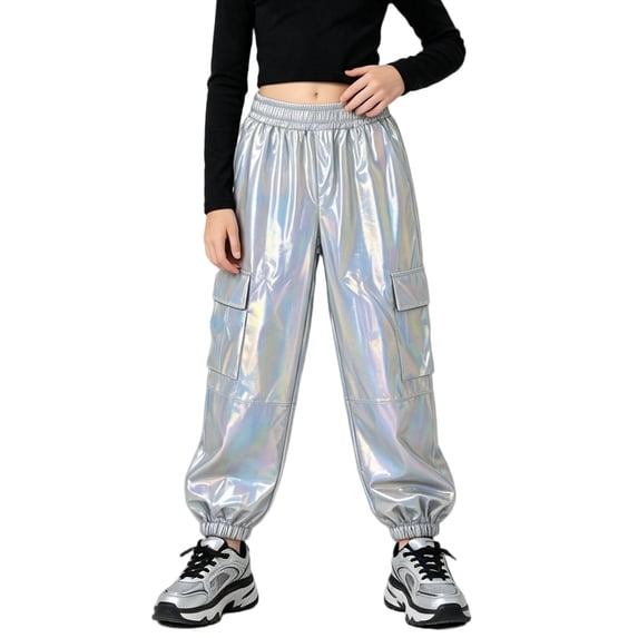 Squevariel Cargo Pants for Boys and Girls Shiny Metallic Trousers Elastic High Waist Jogger Pants with Pockets 6Y-13Y