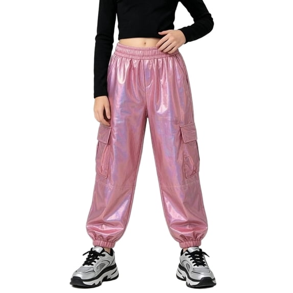 Squevariel Cargo Pants for Boys and Girls Shiny Metallic Trousers Elastic High Waist Jogger Pants with Pockets 6Y-13Y