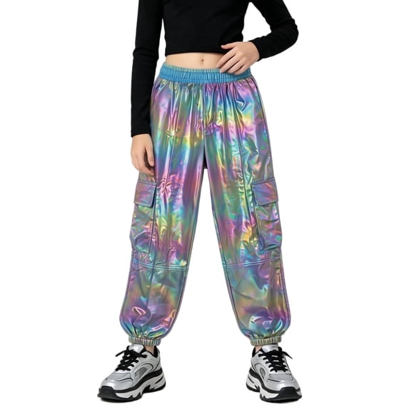 Squevariel Cargo Pants for Boys and Girls Shiny Metallic Trousers Elastic High Waist Jogger Pants with Pockets 6Y-13Y