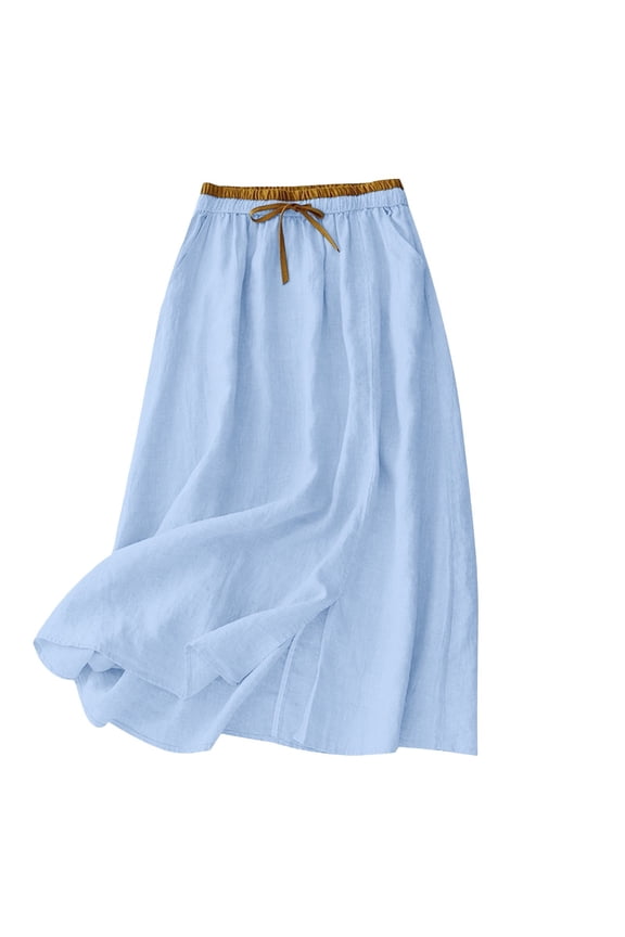 Drawstring Elastic Waist Midi Skirt for Women Solid Color Pleated Cotton Linen Skirts Loose Flowy Skirts with Pockets
