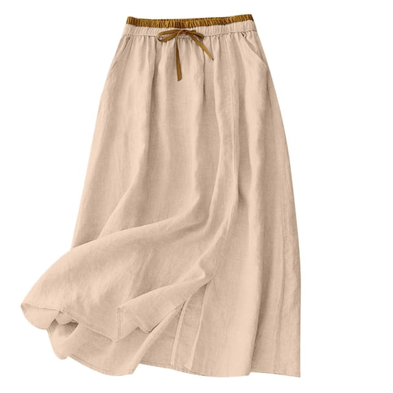 Squevariel Drawstring Elastic Waist Midi Skirt for Women Solid Color Pleated Cotton Linen Skirts Loose Flowy Skirts with Pockets