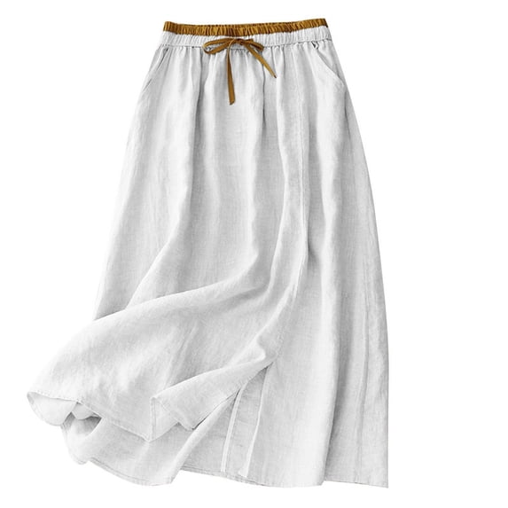 Squevariel Drawstring Elastic Waist Midi Skirt for Women Solid Color Pleated Cotton Linen Skirts Loose Flowy Skirts with Pockets