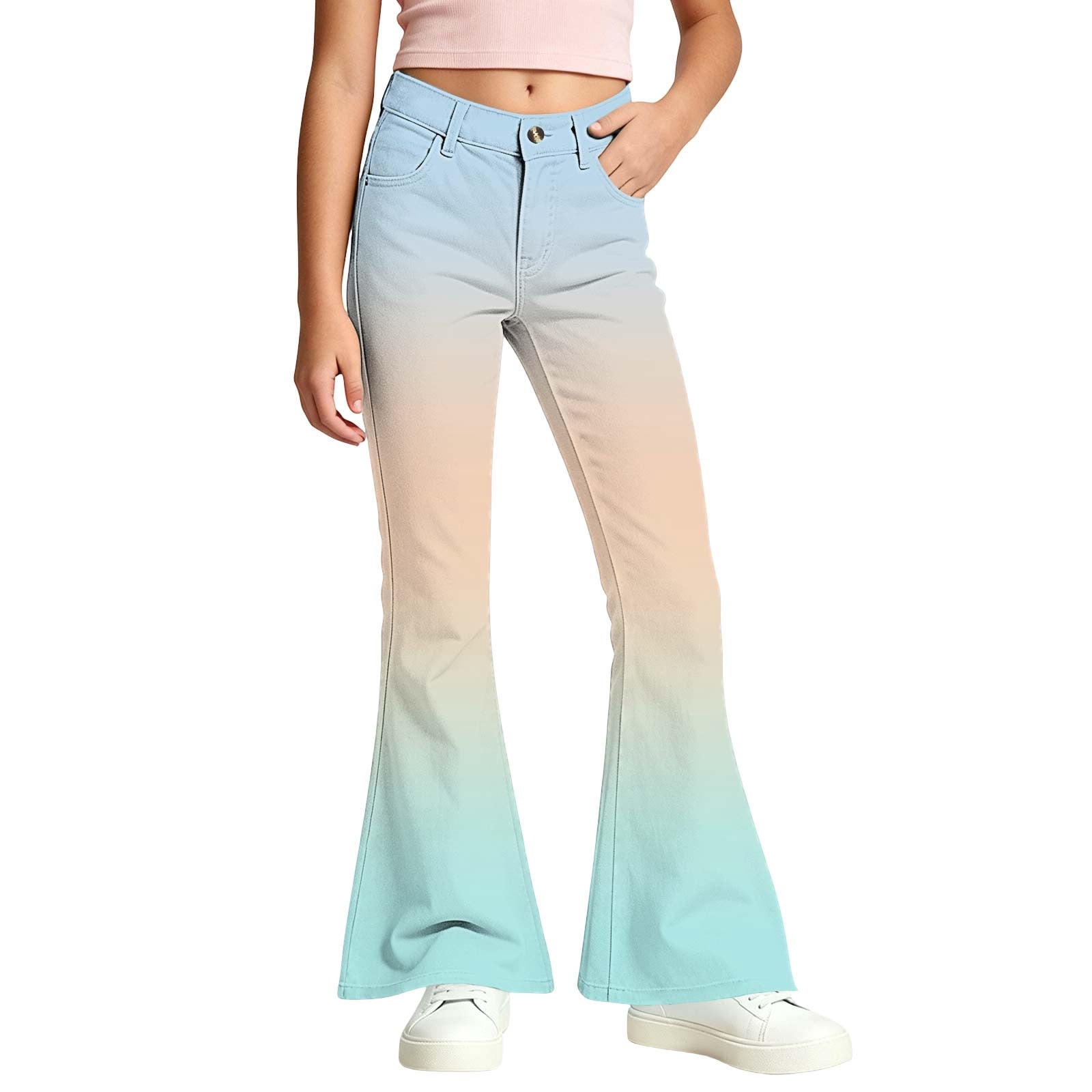 Squevariel Girls Bootcut Pants Kids Gradient Color Zipper Button ...