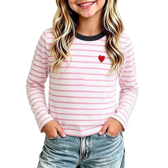 Squevariel Girls Long Sleeve T-shirt Striped Printed Kids Tee Soft Tunic Tops Girls Fashion T Shirts for 1-15Y