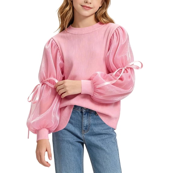 Squevariel Girls's Puff Long Sleeve Tops With Bow Decor Top Crew Neck Fashion Blouses for 2-10Y