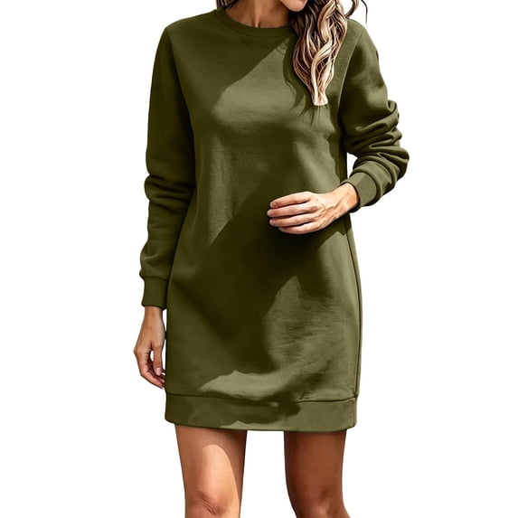 Squevariel Long Sleeve Sweatshirt Dress for Women Crew Neck Solid Color Casual Dress Mini Dress