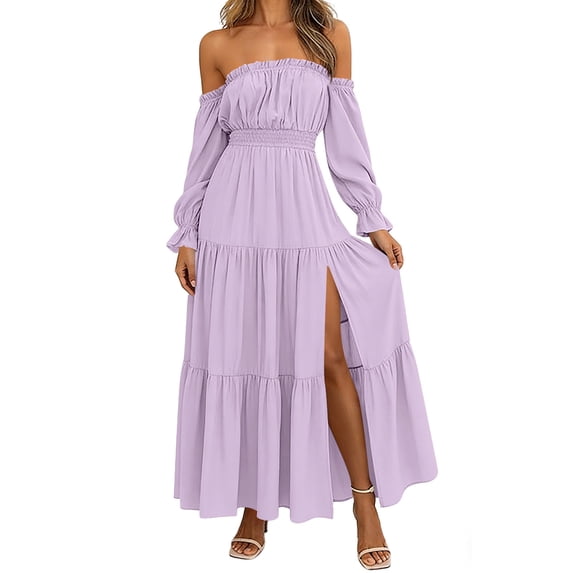 Squevariel Maxi Dresses for Women Solid Color Off the Shoulder Dress Casual Long Sleeve Summer Dress