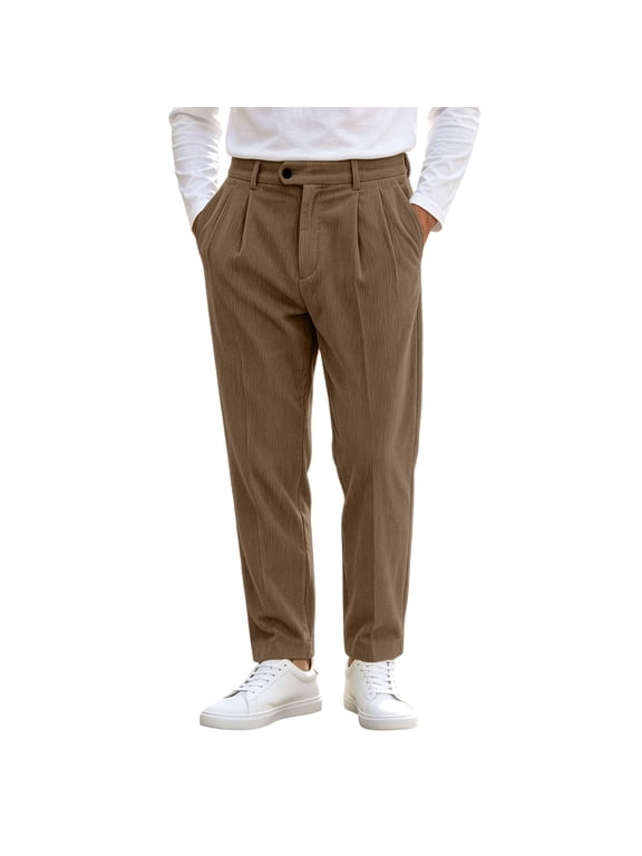Men's Corduroy Pants Button Pleated Trousers Vintage Casual Business Pants