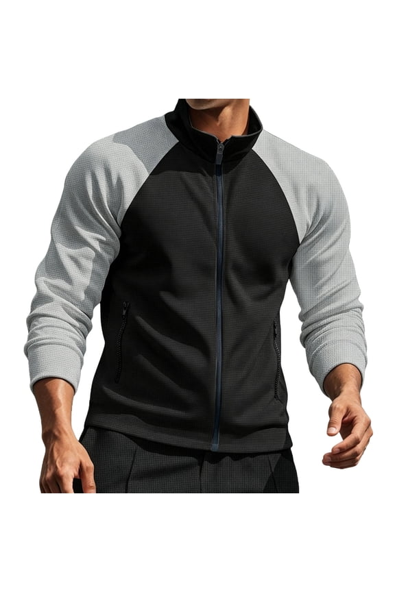 Mens Color Blocked Fashion Jackets Stand Collar Zipper Outdoor Casual Outwears Long Sleeve Coats with Pockets