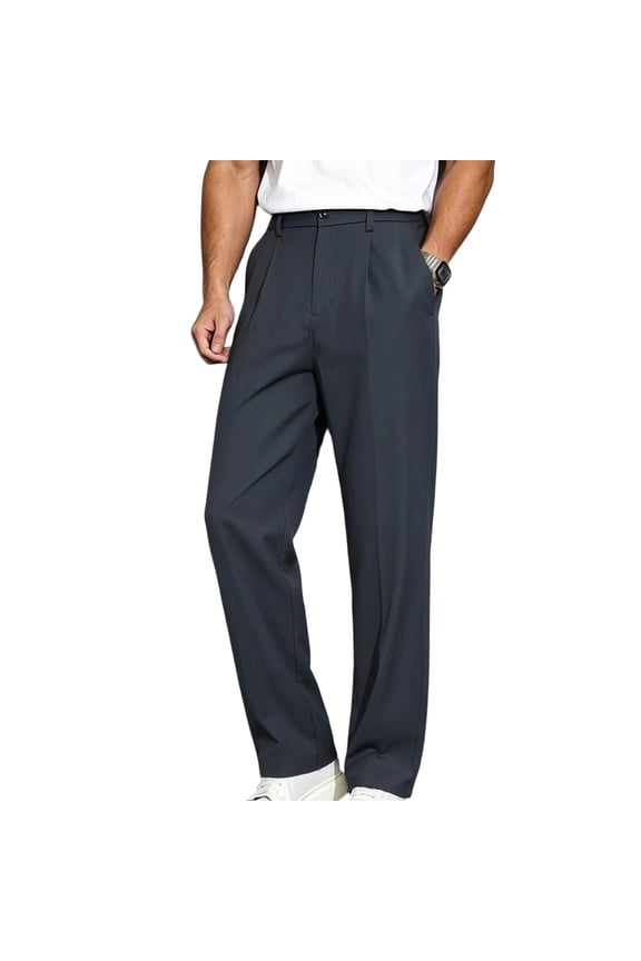 Mens Plus Size Dressy Pants Solid Color Straight Leg Blazer Pants Ice Silk High Waisted Business Pants with Pockets