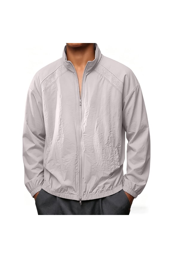 Quick Dry Summer Sun Protection Jacket for Men Long Sleeve Lightweight Solid Color Outdoor Outwear Loose Zipper Stand Collar Coat with Pockets