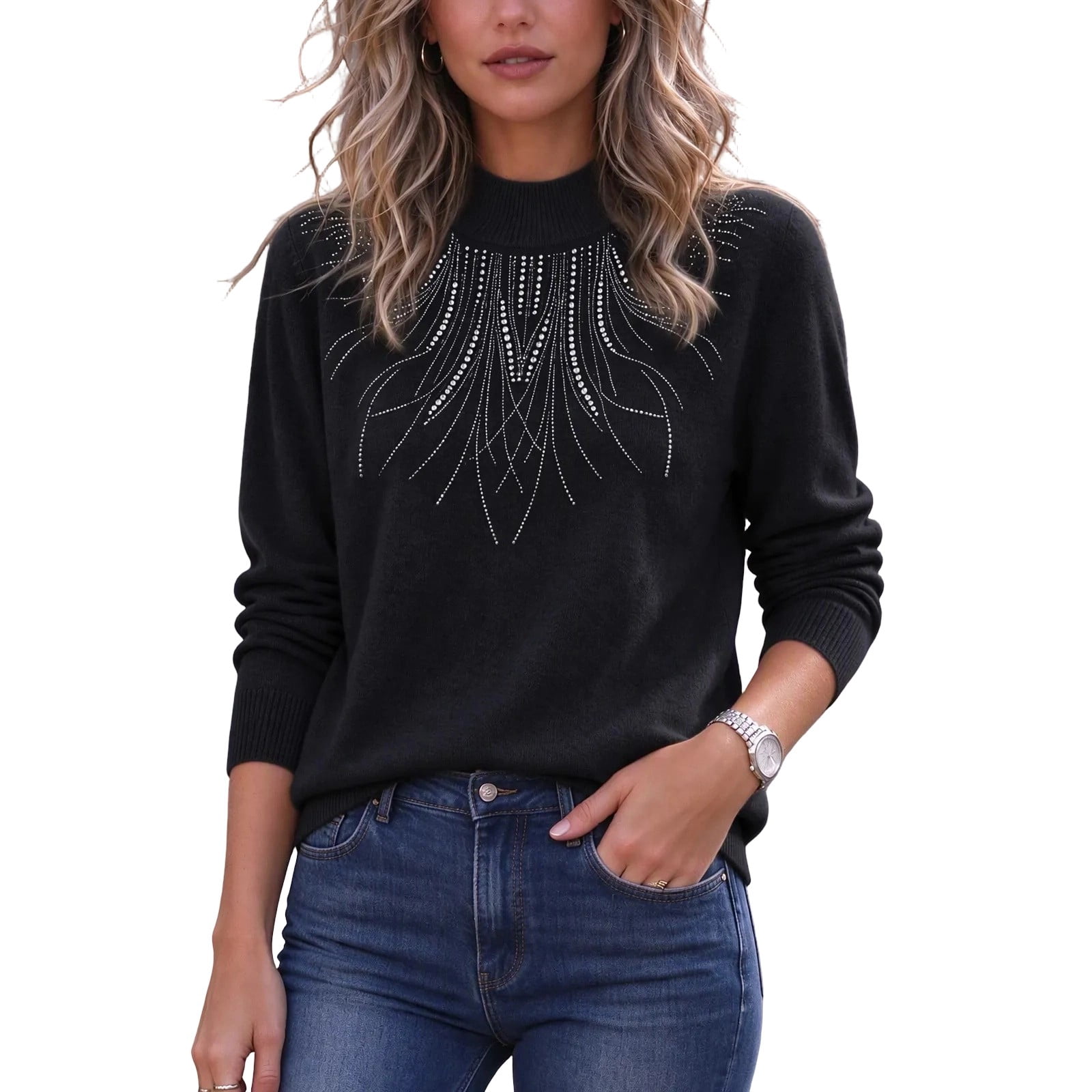 Squevariel Rhinestone Sweaters Womens Mock Neck Knit Pullover Sweaters ...