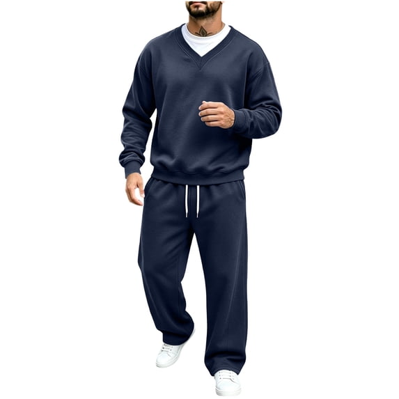 Squevariel V Neck Sweatsuits for Men Long Sleeve Pullover Jogging Tracksuit 2 Piece Athletic Casual Solid Sweatshirt And Sweatpants
