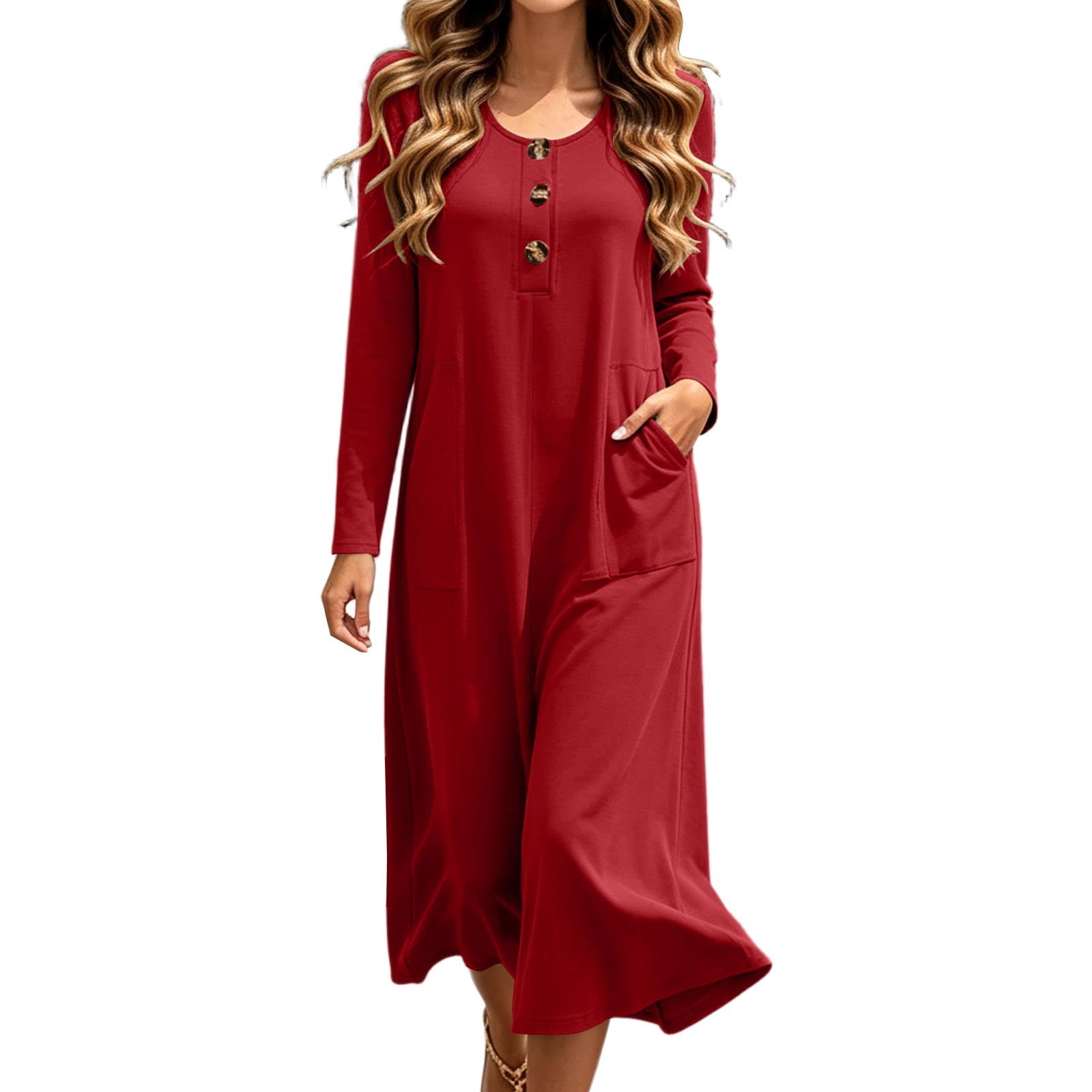 Squevariel Women Dress Solid Color Button Midi Dress Long Sleeve Casual ...