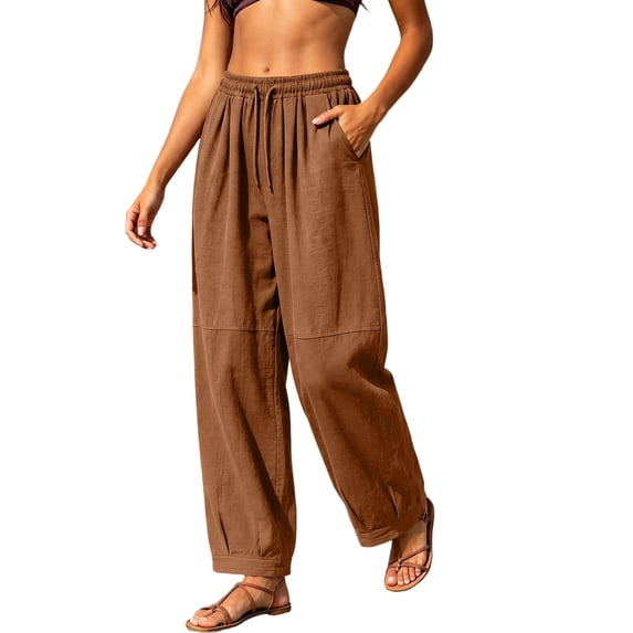 Squevariel Women's Ankle Pants Casual Loose Summer Solid Color Cotton Linen Pants Drawstring Elastic Waist Trousers with Pockets