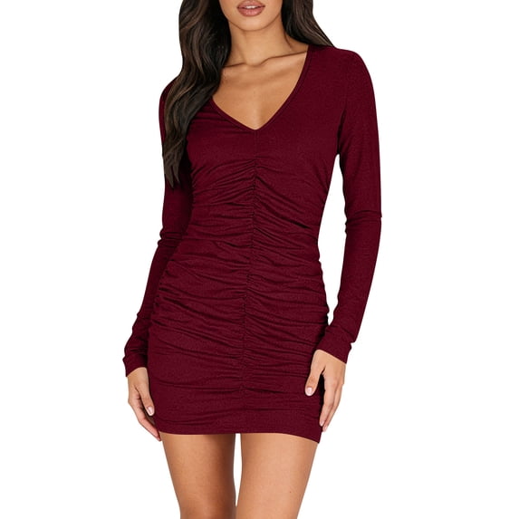 Squevariel Women's Bodycon Dress Long Sleeve Solid Color Mini Dress Slim Fit V-Neck Pleated Dress