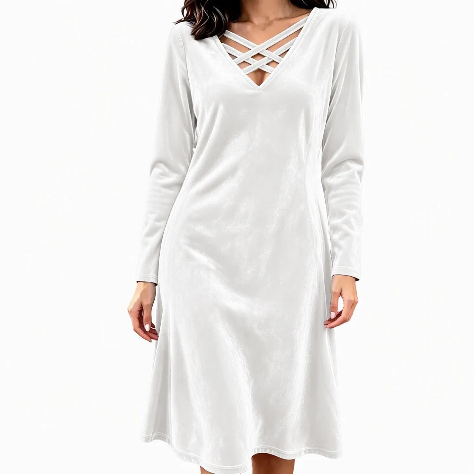 Squevariel Women's Solid Color Dress Velvet V Neck Midi Dress Long ...