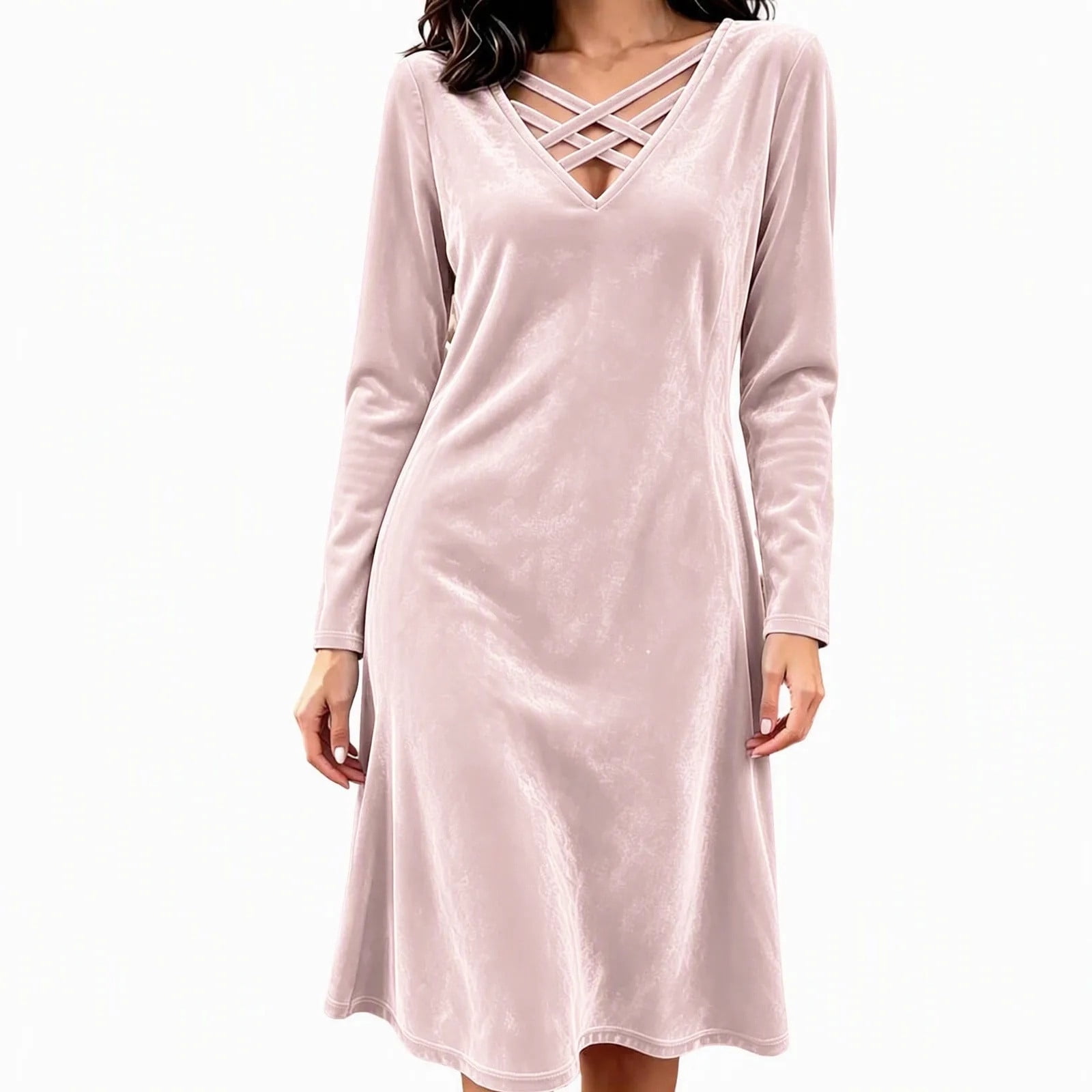 Squevariel Women's Solid Color Dress Velvet V Neck Midi Dress Long ...
